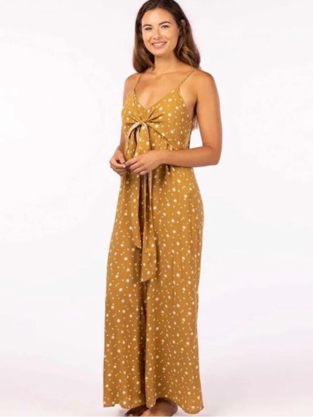 Rip Curl Mustard Polka Dot Tie-Front Spaghetti Strap Jumpsuit